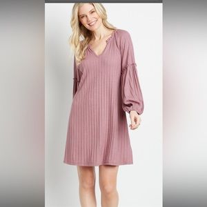 Pink Ribbed Blouson Sleeve Shift Dress